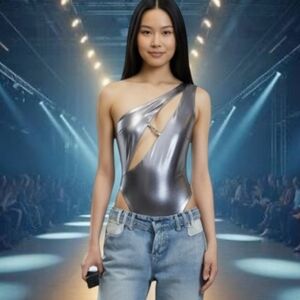 ❤️ NWOT! THE KRIPT SILVER ONE SHOULDER BODYSUIT, XL (SIZE 10)